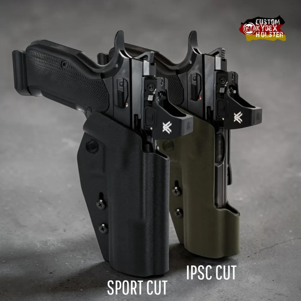 Preview: Vergleich GM Sport Kydex Holster für CZ Shadow 2: Links Sport Cut in Schwarz, rechts IPSC Cut in Oliv – beide Optic Ready.